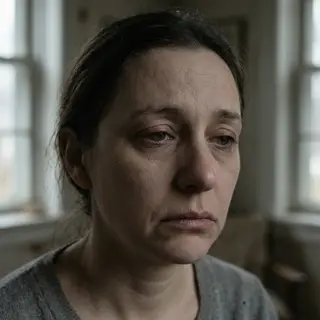 A face showing quiet melancholy — downcast eyes, slightly dr