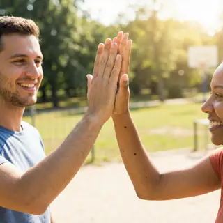Two people doing a high-five, palms meeting with all fingers