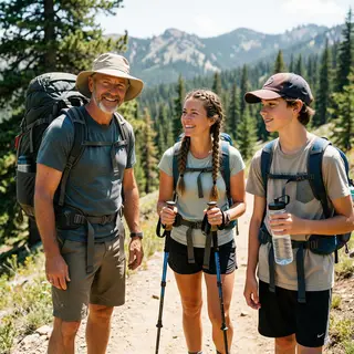 Three hikers on a trail: a man with a backpack and sunhat, a