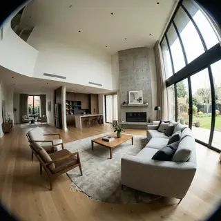 A wide-angle shot of a modern living room interior showing e