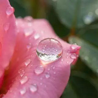 A close-up macro shot of a single dewdrop on a rose petal, s