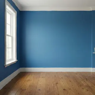 A room with walls in #4A90D9 (medium blue) with warm wooden 
