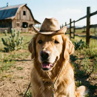A golden retriever wearing a tiny cowboy hat
