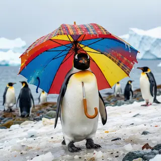 A penguin holding a colorful umbrella