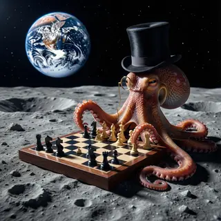 An octopus wearing a top hat and monocle playing chess on th