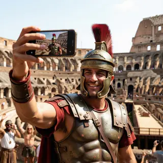 A Roman gladiator taking a selfie with a smartphone in the C