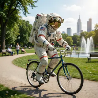 An astronaut in a spacesuit riding a bicycle through a park