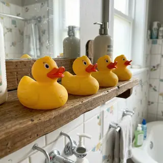 Exactly 5 yellow rubber ducks sitting in a row on a bathroom