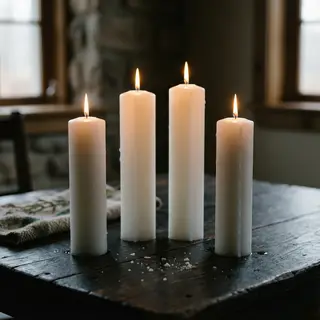 Exactly 4 white candles standing on a dark surface
