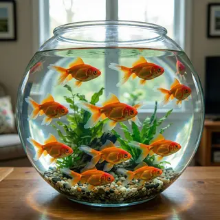 Exactly 9 goldfish swimming in a large round fishbowl