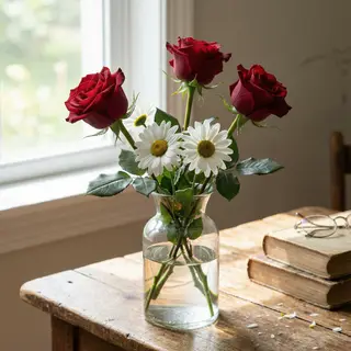 4 red roses and 2 white daisies in a glass vase on a table