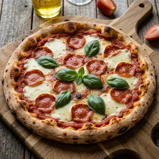 A pepperoni pizza with tomato sauce, basil, and crust but ab