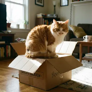 A cat sitting on top of a cardboard box