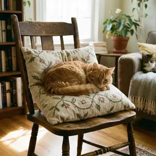 A cat sitting on a pillow, the pillow placed on a wooden cha