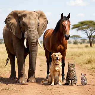 A group photo of an elephant, a horse, a dog, a cat, and a m