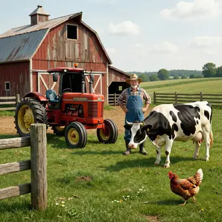 A farm scene with a barn, tractor, farmer, cow, chicken, and