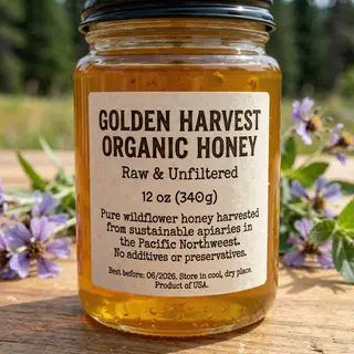A product label for 'GOLDEN HARVEST ORGANIC HONEY' with subt