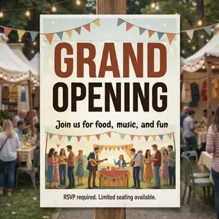 A flyer with large title 'GRAND OPENING', subtitle 'Join us 