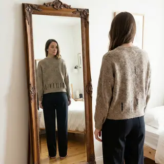 A woman standing in front of a full-length mirror, her refle