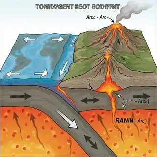A cross-section showing tectonic plates at a convergent boun