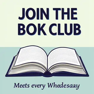 A book club poster with an open book illustration, the title