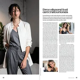 A fashion magazine spread with a full-bleed left-page photo,
