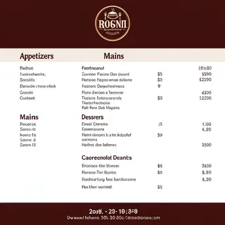 A restaurant menu layout with a logo header, three category 