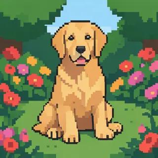 A golden retriever sitting in a garden, rendered in pixel ar