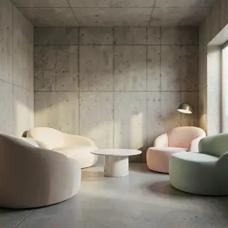 An interior scene rendered in soft brutalism — raw concrete 