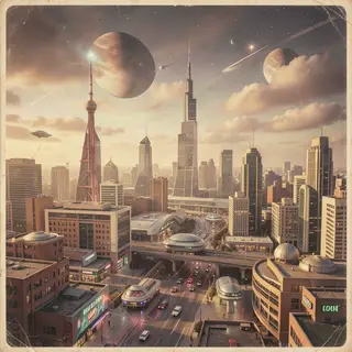 A cityscape rendered in nostalgic futurism — retro-futuristi