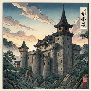 A medieval castle depicted in Japanese ukiyo-e woodblock pri