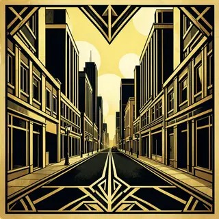 A city street scene in the style of Art Deco — geometric sha