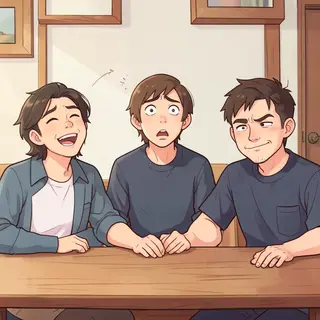 A group of three friends at a table: one laughing with head 