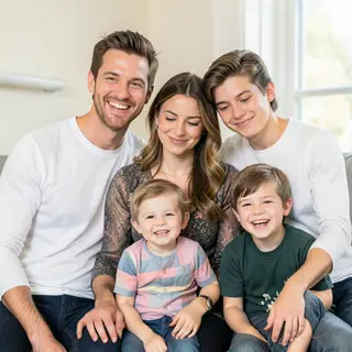 A family photo with four people: a father beaming with pride