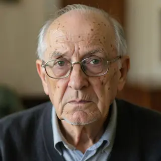 An elderly man in his 70s with age spots and thinning gray h