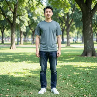 A person standing in a neutral pose in a park, full body vis