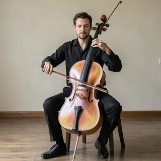 A cellist seated with correct posture, legs around the instr