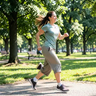 A woman mid-stride running through a park, hair and clothes 