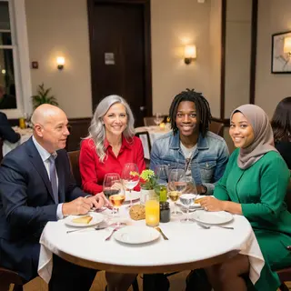 Four people at a dinner table: a bald man in a suit, a woman