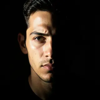 A portrait with dramatic split lighting — half the face brig