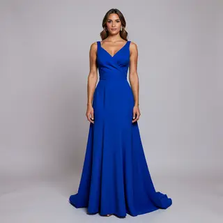 A woman wearing a royal blue evening dress against a neutral