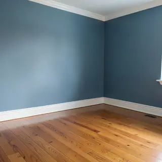 A room with walls in #4A90D9 (medium blue) with warm wooden 