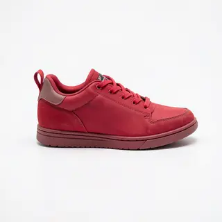 A single red sneaker on a clean white background with soft s