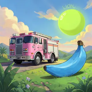 A pink fire truck, a blue banana, and a green sun in a surre