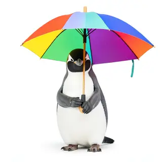 A penguin holding a colorful umbrella