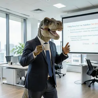 A dinosaur in a business suit giving a PowerPoint presentati