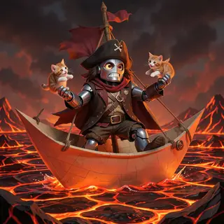 A robot dressed as a pirate sailing a paper boat on a lake o