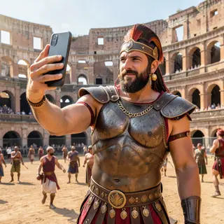 A Roman gladiator taking a selfie with a smartphone in the C