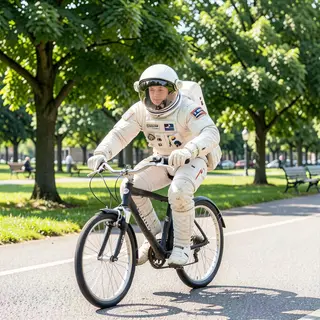 An astronaut in a spacesuit riding a bicycle through a park
