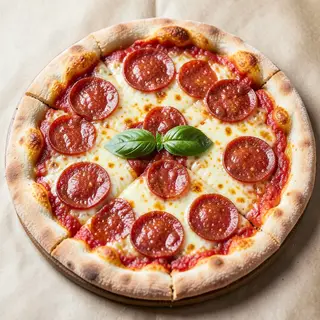A pepperoni pizza with tomato sauce, basil, and crust but ab